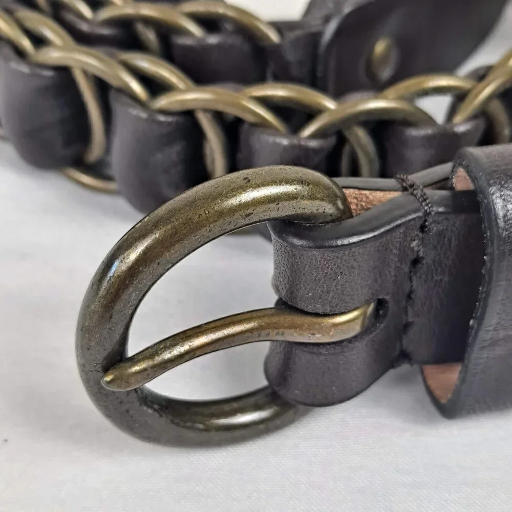 Talbots Size Large Brown Leather and Metal Ring Woven Belt Brass Toned Hardware